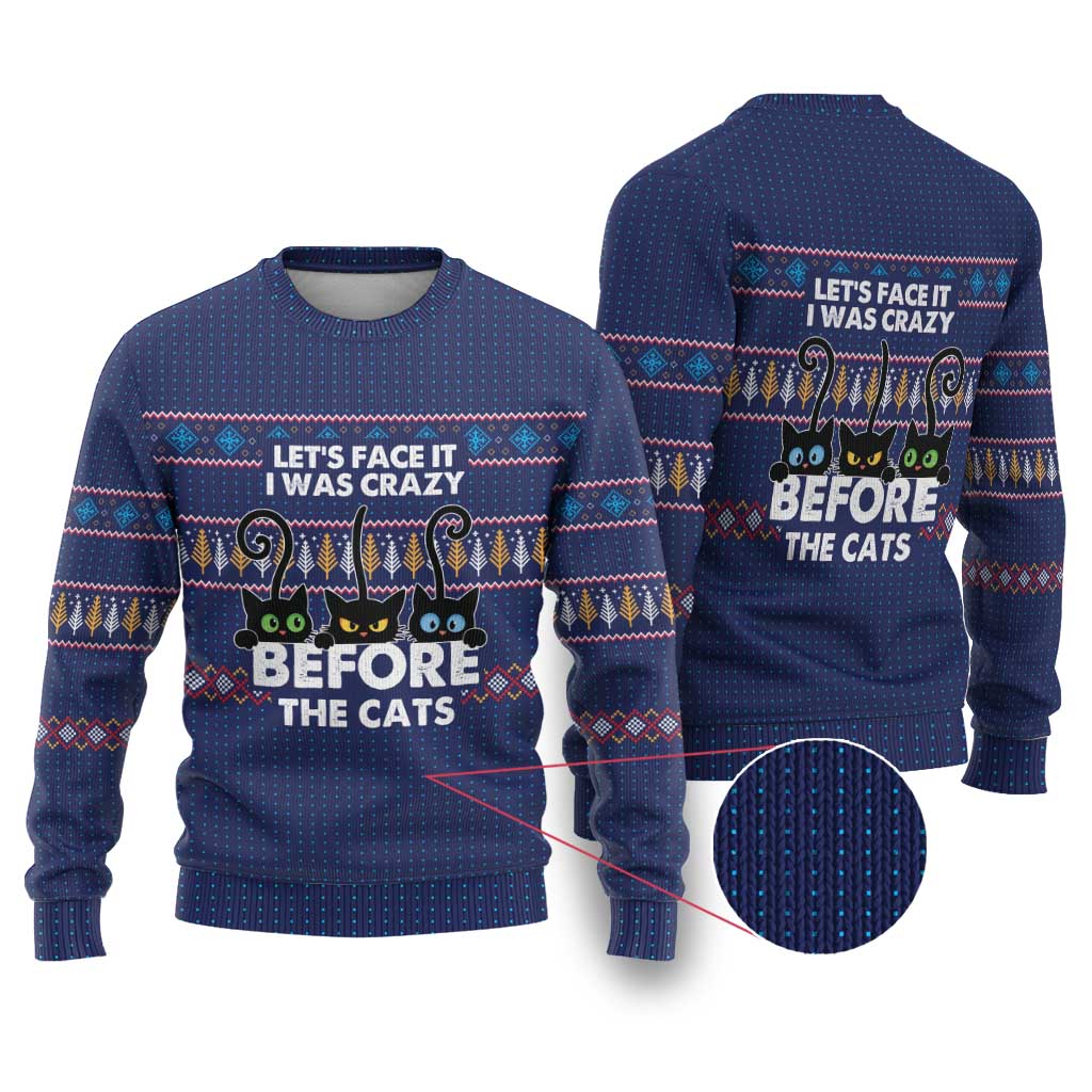 Crazy Cat Lover Ugly Christmas Sweater with Black Cats and Funny Quote in Blue Holiday Knit Pattern Design - Wonder Print Shop