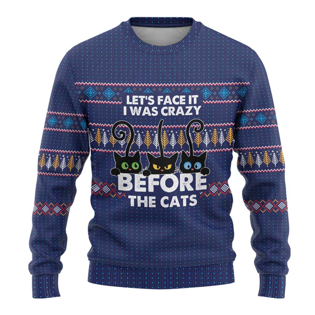 Crazy Cat Lover Ugly Christmas Sweater with Black Cats and Funny Quote in Blue Holiday Knit Pattern Design - Wonder Print Shop