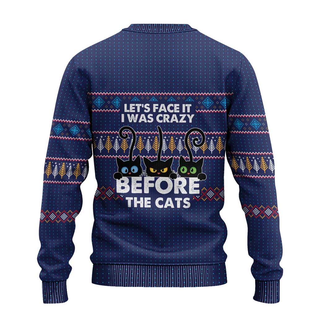 Crazy Cat Lover Ugly Christmas Sweater with Black Cats and Funny Quote in Blue Holiday Knit Pattern Design - Wonder Print Shop