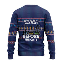 Crazy Cat Lover Ugly Christmas Sweater with Black Cats and Funny Quote in Blue Holiday Knit Pattern Design - Wonder Print Shop