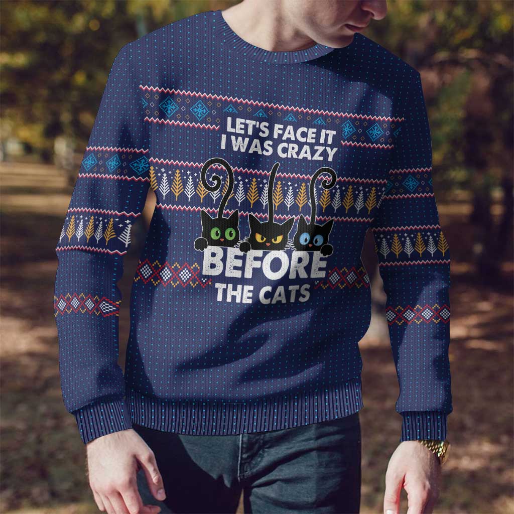 Crazy Cat Lover Ugly Christmas Sweater with Black Cats and Funny Quote in Blue Holiday Knit Pattern Design - Wonder Print Shop
