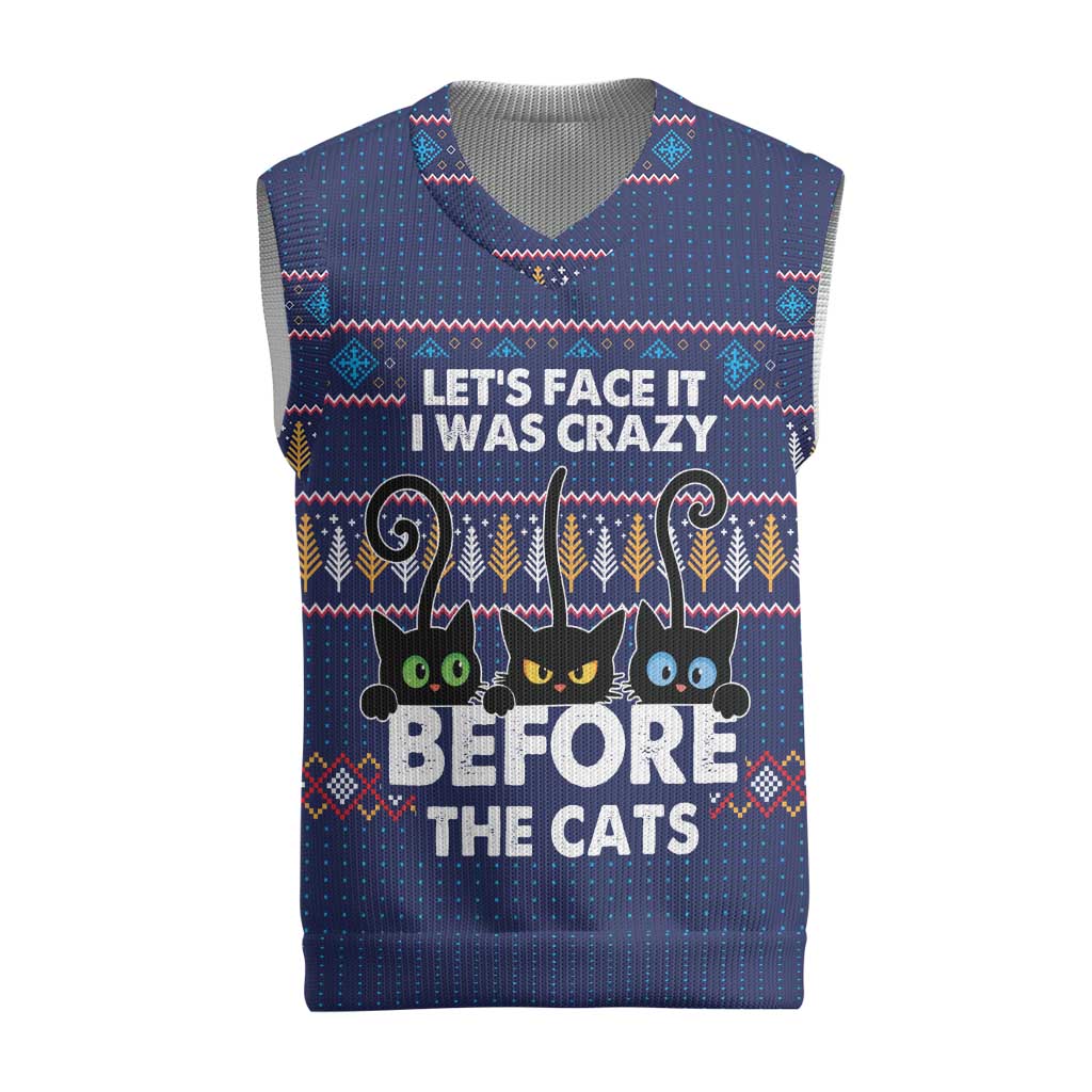 Crazy Cat Lover Christmas Knitted V-Neck Vest with Black Cats and Funny Quote in Blue Holiday Knit Pattern Design - Wonder Print Shop