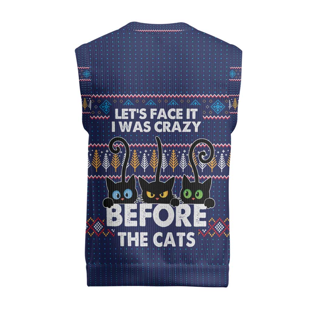 Crazy Cat Lover Christmas Knitted V-Neck Vest with Black Cats and Funny Quote in Blue Holiday Knit Pattern Design - Wonder Print Shop
