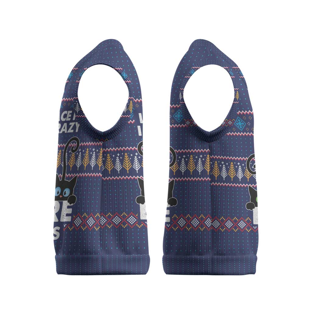 Crazy Cat Lover Christmas Knitted V-Neck Vest with Black Cats and Funny Quote in Blue Holiday Knit Pattern Design - Wonder Print Shop