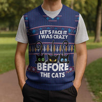 Crazy Cat Lover Christmas Knitted V-Neck Vest with Black Cats and Funny Quote in Blue Holiday Knit Pattern Design - Wonder Print Shop