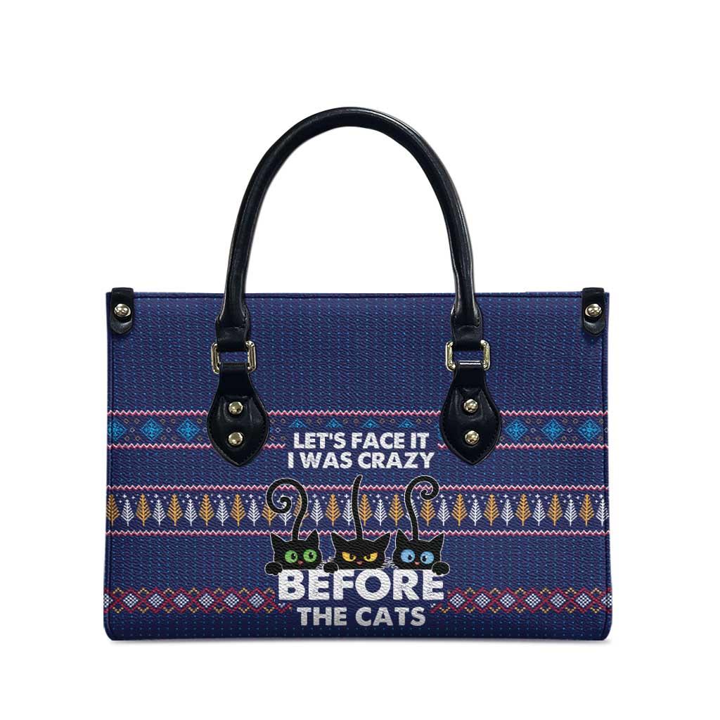 Crazy Cat Lover Leather Bag with Black Cats and Funny Quote in Blue Holiday Knit Pattern Design - Wonder Print Shop