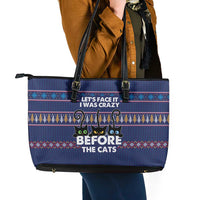 Crazy Cat Lover Leather Tote Bag with Black Cats and Funny Quote in Blue Holiday Knit Pattern Design - Wonder Print Shop