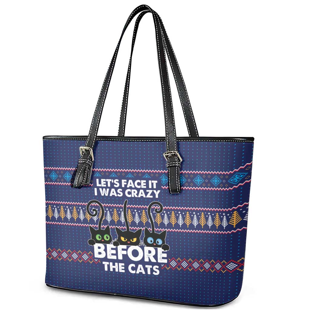 Crazy Cat Lover Leather Tote Bag with Black Cats and Funny Quote in Blue Holiday Knit Pattern Design - Wonder Print Shop
