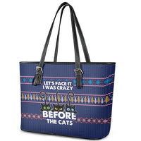 Crazy Cat Lover Leather Tote Bag with Black Cats and Funny Quote in Blue Holiday Knit Pattern Design - Wonder Print Shop
