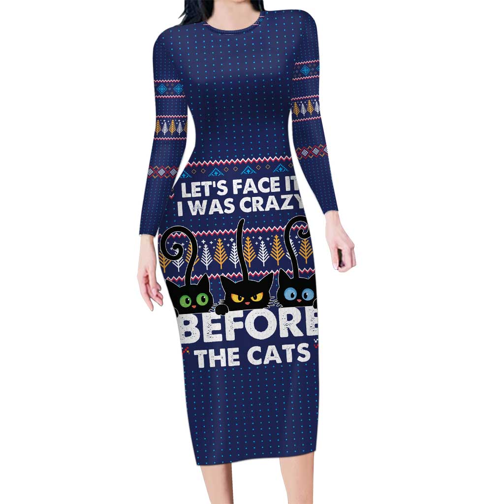 Crazy Cat Lover Long Sleeve Bodycon Dress with Black Cats and Funny Quote in Blue Holiday Knit Pattern Design - Wonder Print Shop