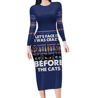 Crazy Cat Lover Long Sleeve Bodycon Dress with Black Cats and Funny Quote in Blue Holiday Knit Pattern Design - Wonder Print Shop