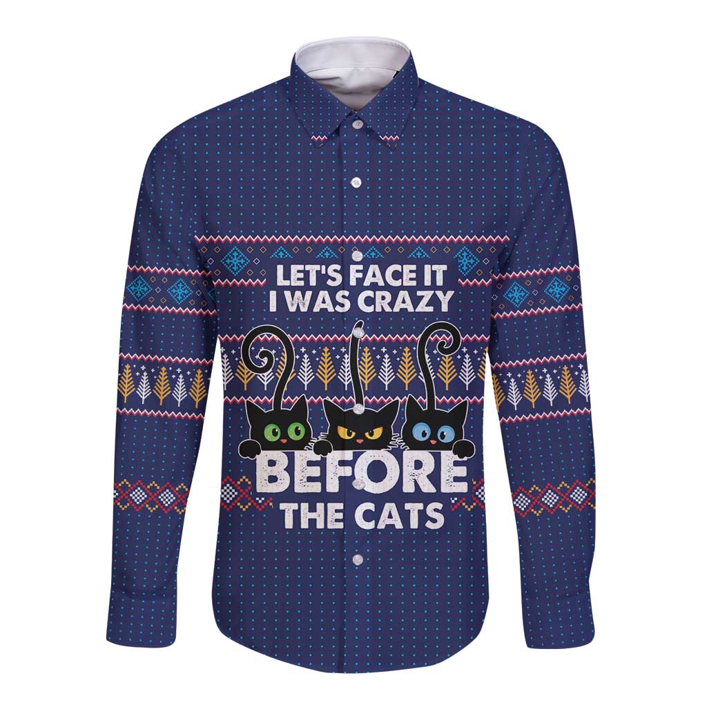 Crazy Cat Lover Long Sleeve Button Shirt with Black Cats and Funny Quote in Blue Holiday Knit Pattern Design - Wonder Print Shop
