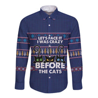 Crazy Cat Lover Long Sleeve Button Shirt with Black Cats and Funny Quote in Blue Holiday Knit Pattern Design - Wonder Print Shop