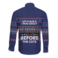 Crazy Cat Lover Long Sleeve Button Shirt with Black Cats and Funny Quote in Blue Holiday Knit Pattern Design - Wonder Print Shop