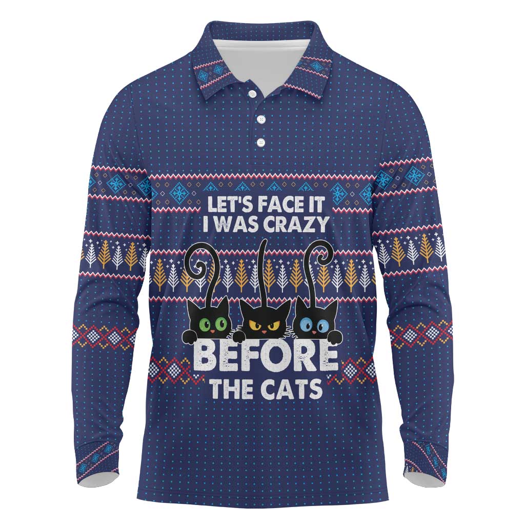 Crazy Cat Lover Long Sleeve Polo Shirt with Black Cats and Funny Quote in Blue Holiday Knit Pattern Design - Wonder Print Shop