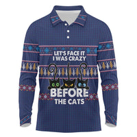 Crazy Cat Lover Long Sleeve Polo Shirt with Black Cats and Funny Quote in Blue Holiday Knit Pattern Design - Wonder Print Shop