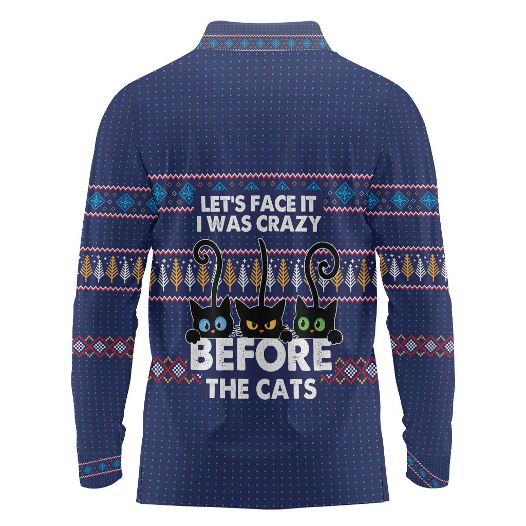 Crazy Cat Lover Long Sleeve Polo Shirt with Black Cats and Funny Quote in Blue Holiday Knit Pattern Design - Wonder Print Shop