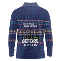 Crazy Cat Lover Long Sleeve Polo Shirt with Black Cats and Funny Quote in Blue Holiday Knit Pattern Design - Wonder Print Shop