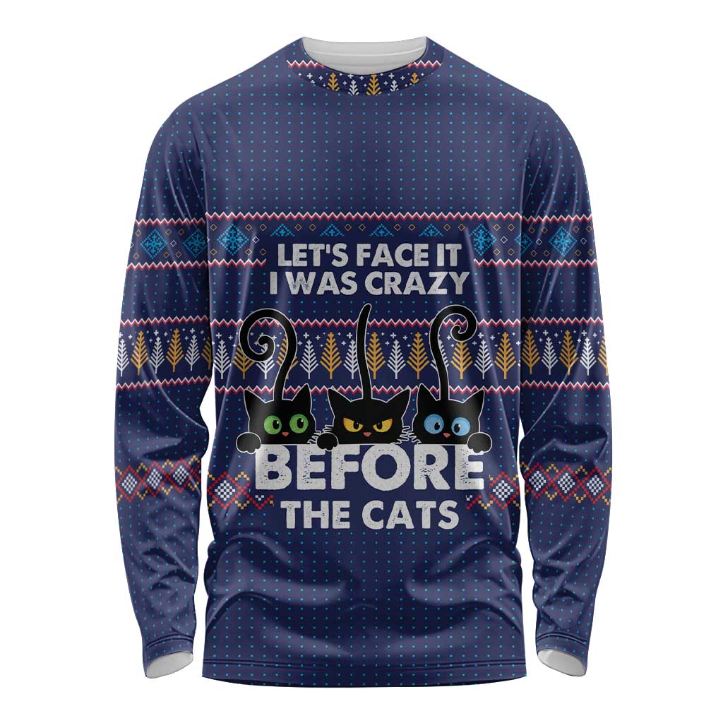 Crazy Cat Lover Long Sleeve Shirt with Black Cats and Funny Quote in Blue Holiday Knit Pattern Design - Wonder Print Shop
