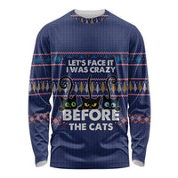 Crazy Cat Lover Long Sleeve Shirt with Black Cats and Funny Quote in Blue Holiday Knit Pattern Design - Wonder Print Shop