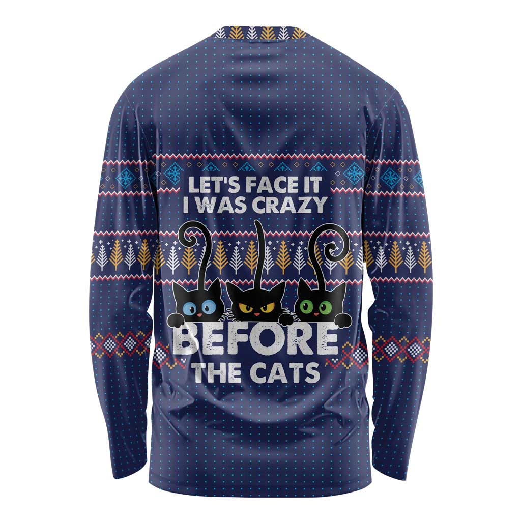 Crazy Cat Lover Long Sleeve Shirt with Black Cats and Funny Quote in Blue Holiday Knit Pattern Design - Wonder Print Shop