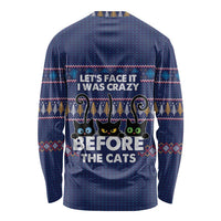 Crazy Cat Lover Long Sleeve Shirt with Black Cats and Funny Quote in Blue Holiday Knit Pattern Design - Wonder Print Shop