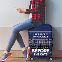 Crazy Cat Lover Luggage Cover with Black Cats and Funny Quote in Blue Holiday Knit Pattern Design - Wonder Print Shop