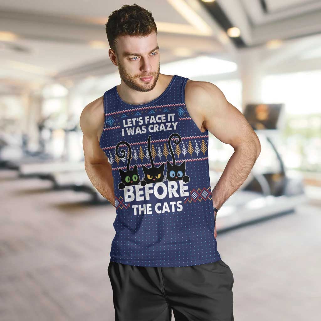 Crazy Cat Lover Men Tank Top with Black Cats and Funny Quote in Blue Holiday Knit Pattern Design - Wonder Print Shop