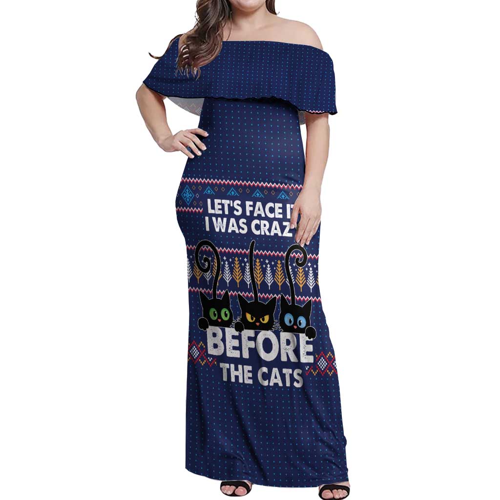 Crazy Cat Lover Off Shoulder Maxi Dress with Black Cats and Funny Quote in Blue Holiday Knit Pattern Design - Wonder Print Shop
