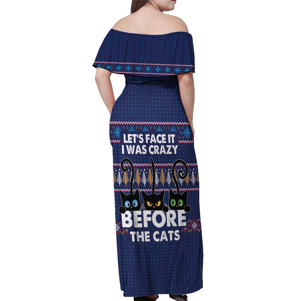 Crazy Cat Lover Off Shoulder Maxi Dress with Black Cats and Funny Quote in Blue Holiday Knit Pattern Design - Wonder Print Shop