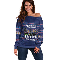 Crazy Cat Lover Off Shoulder Sweater with Black Cats and Funny Quote in Blue Holiday Knit Pattern Design - Wonder Print Shop