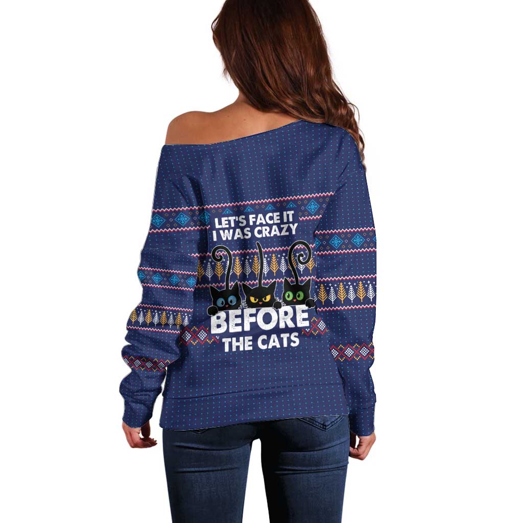 Crazy Cat Lover Off Shoulder Sweater with Black Cats and Funny Quote in Blue Holiday Knit Pattern Design - Wonder Print Shop