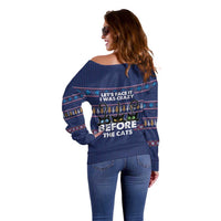 Crazy Cat Lover Off Shoulder Sweater with Black Cats and Funny Quote in Blue Holiday Knit Pattern Design - Wonder Print Shop