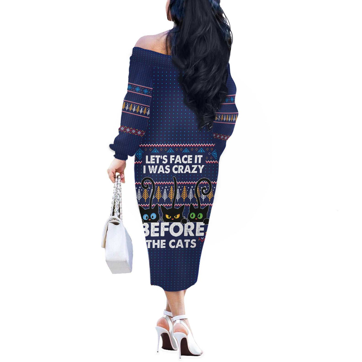 Crazy Cat Lover Off The Shoulder Long Sleeve Dress with Black Cats and Funny Quote in Blue Holiday Knit Pattern Design - Wonder Print Shop