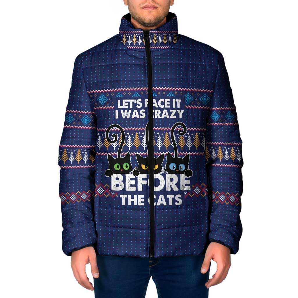 Crazy Cat Lover Padded Jacket with Black Cats and Funny Quote in Blue Holiday Knit Pattern Design - Wonder Print Shop