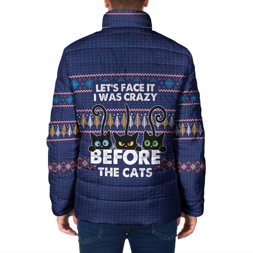 Crazy Cat Lover Padded Jacket with Black Cats and Funny Quote in Blue Holiday Knit Pattern Design - Wonder Print Shop