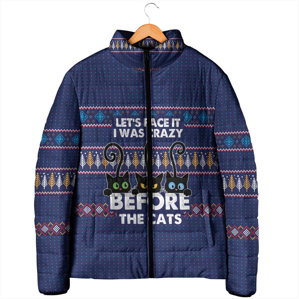 Crazy Cat Lover Padded Jacket with Black Cats and Funny Quote in Blue Holiday Knit Pattern Design - Wonder Print Shop
