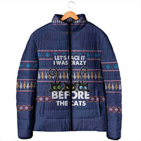 Crazy Cat Lover Padded Jacket with Black Cats and Funny Quote in Blue Holiday Knit Pattern Design - Wonder Print Shop