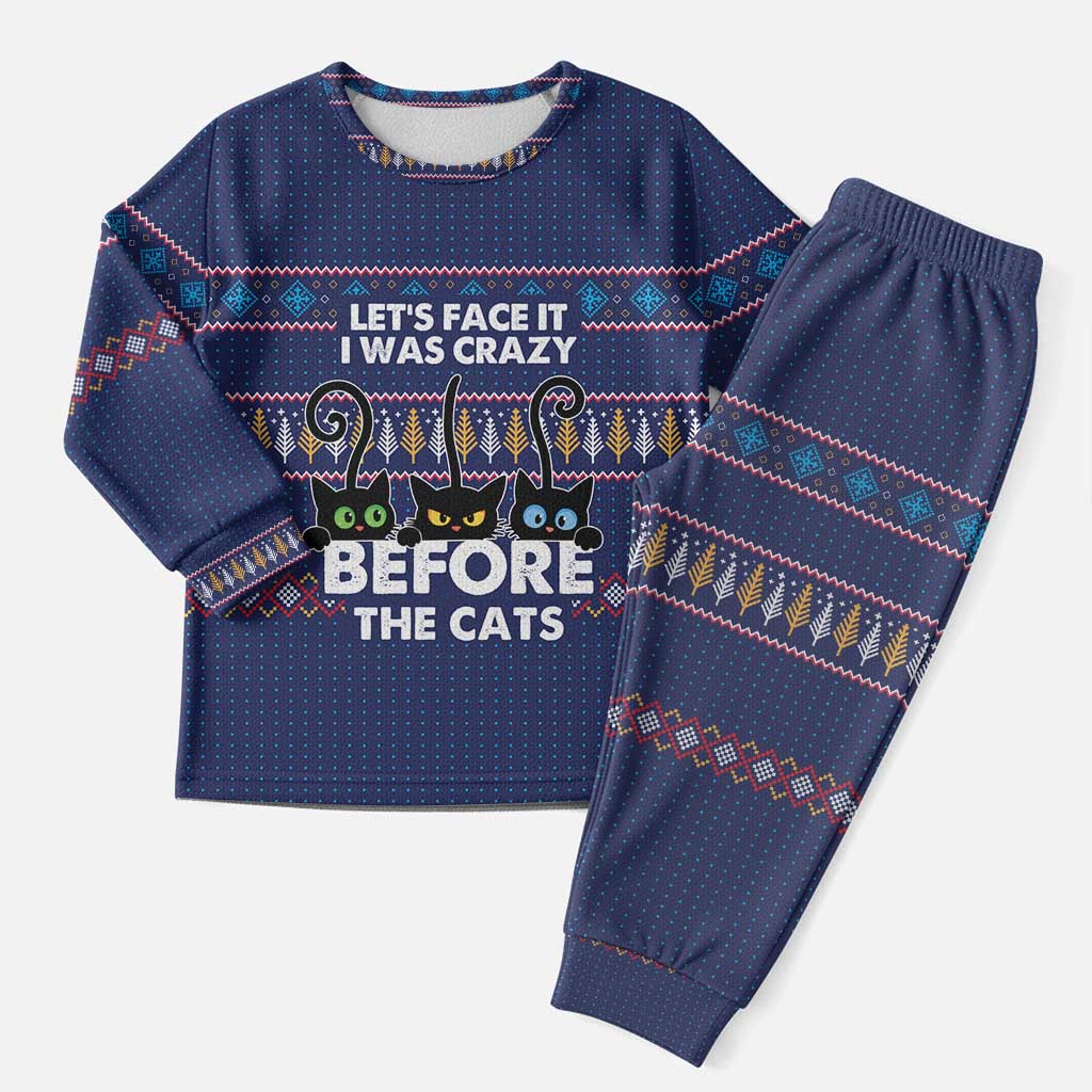 Crazy Cat Lover Christmas Pajama Set with Black Cats and Funny Quote in Blue Holiday Knit Pattern Design - Wonder Print Shop