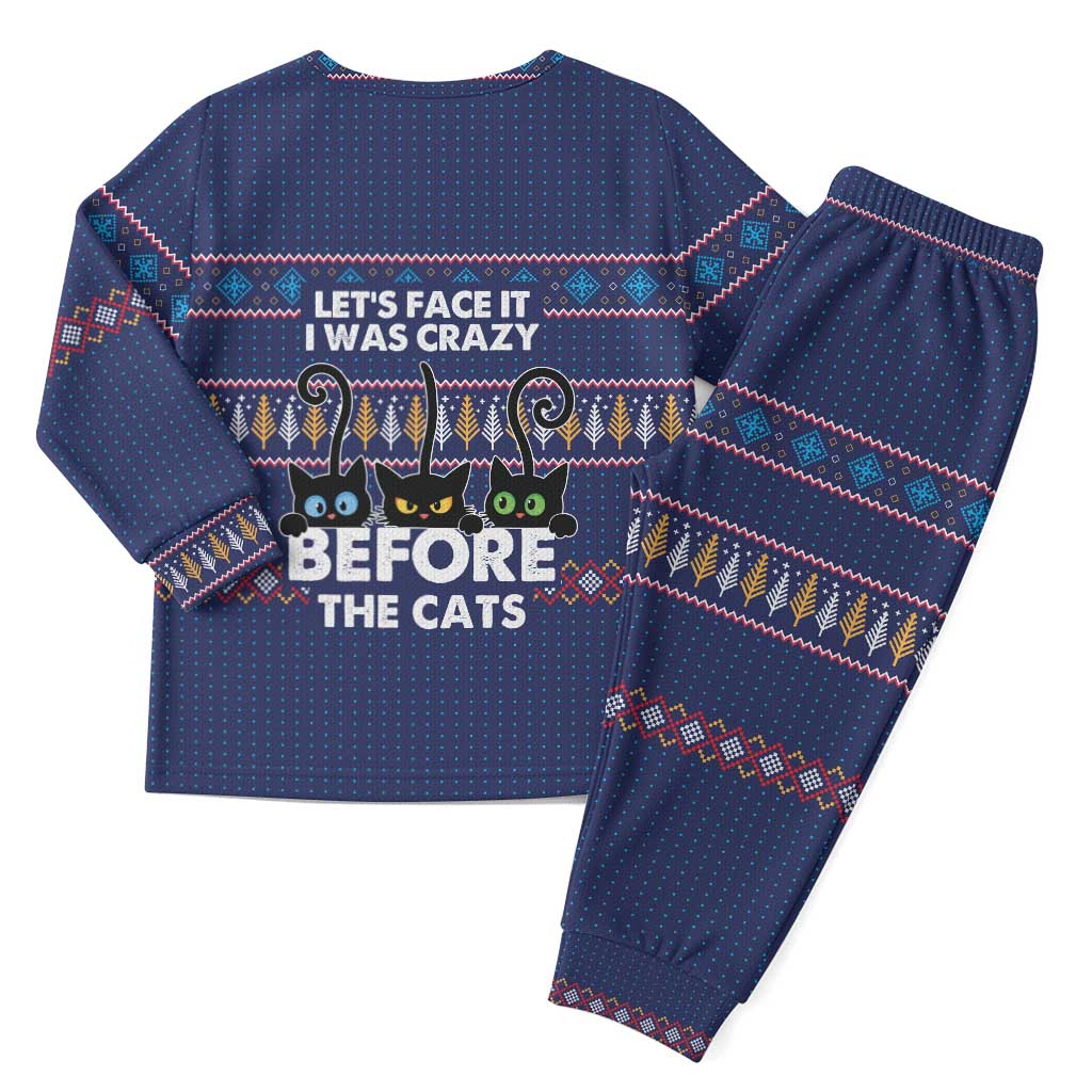 Crazy Cat Lover Christmas Pajama Set with Black Cats and Funny Quote in Blue Holiday Knit Pattern Design - Wonder Print Shop