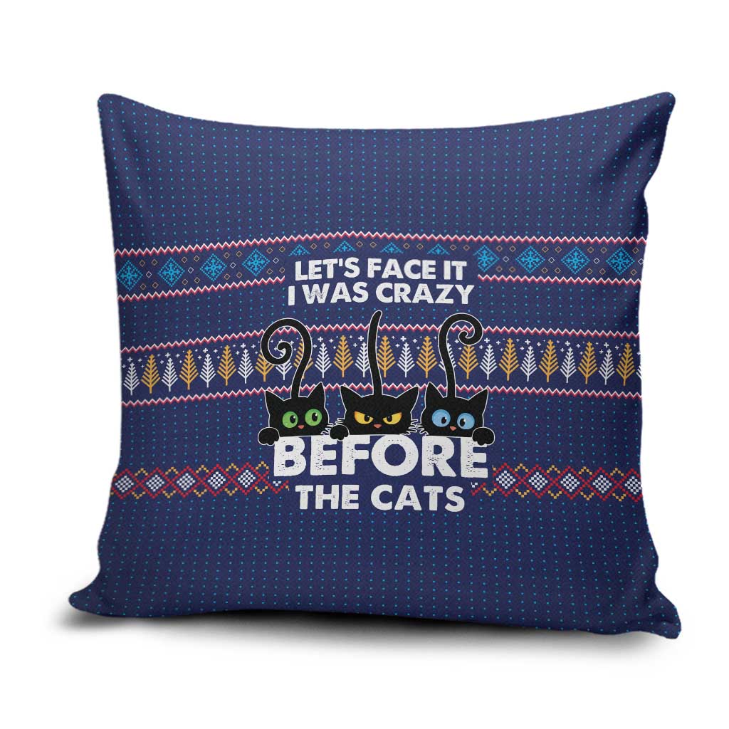 Crazy Cat Lover Pillow Cover with Black Cats and Funny Quote in Blue Holiday Knit Pattern Design - Wonder Print Shop