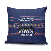 Crazy Cat Lover Pillow Cover with Black Cats and Funny Quote in Blue Holiday Knit Pattern Design - Wonder Print Shop
