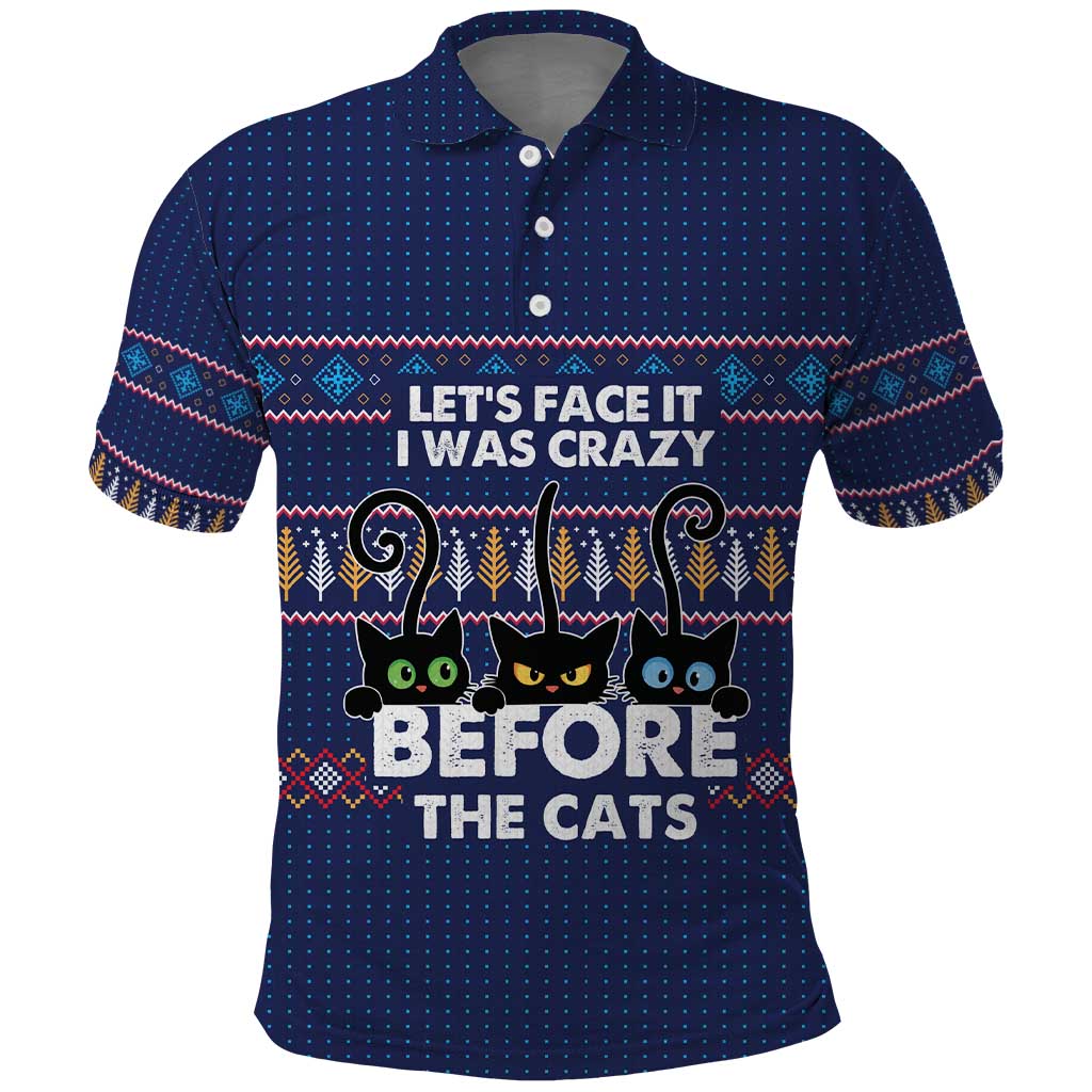 Crazy Cat Lover Polo Shirt with Black Cats and Funny Quote in Blue Holiday Knit Pattern Design - Wonder Print Shop