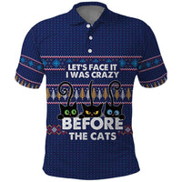 Crazy Cat Lover Polo Shirt with Black Cats and Funny Quote in Blue Holiday Knit Pattern Design - Wonder Print Shop