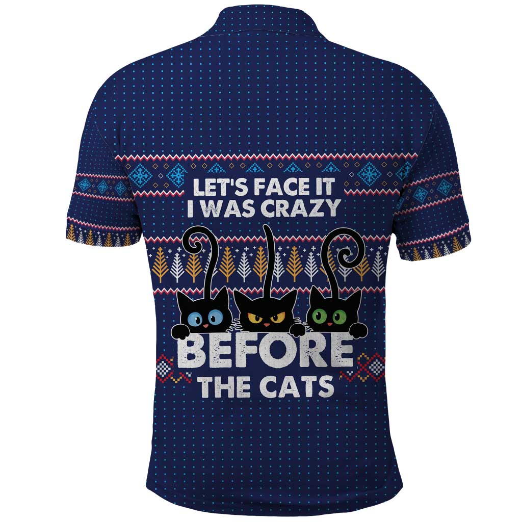 Crazy Cat Lover Polo Shirt with Black Cats and Funny Quote in Blue Holiday Knit Pattern Design - Wonder Print Shop