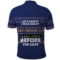 Crazy Cat Lover Polo Shirt with Black Cats and Funny Quote in Blue Holiday Knit Pattern Design - Wonder Print Shop