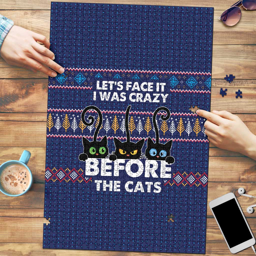 Crazy Cat Lover Puzzle with Black Cats and Funny Quote in Blue Holiday Knit Pattern Design - Wonder Print Shop