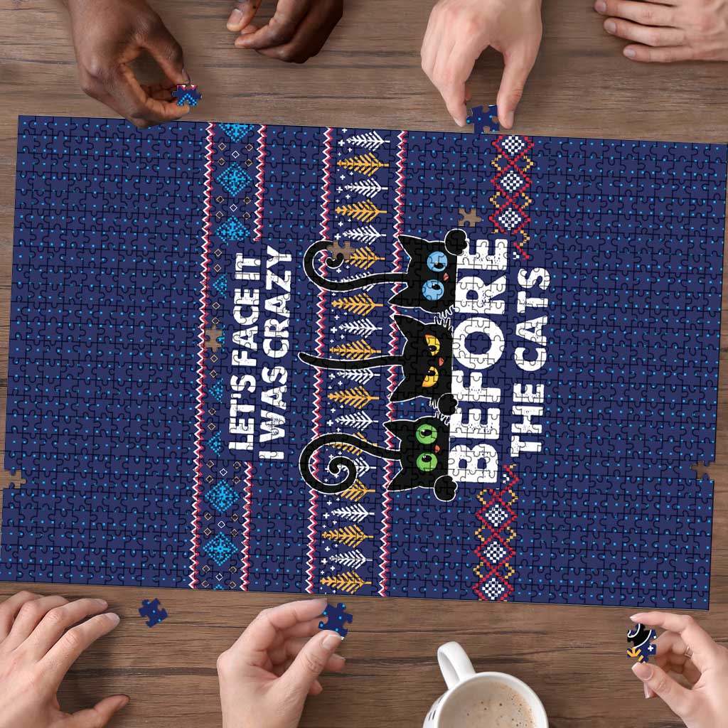 Crazy Cat Lover Puzzle with Black Cats and Funny Quote in Blue Holiday Knit Pattern Design - Wonder Print Shop