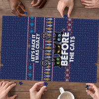Crazy Cat Lover Puzzle with Black Cats and Funny Quote in Blue Holiday Knit Pattern Design - Wonder Print Shop