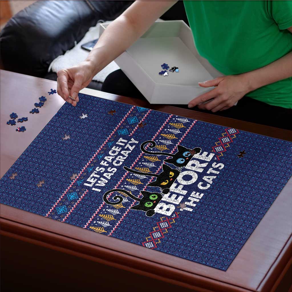 Crazy Cat Lover Puzzle with Black Cats and Funny Quote in Blue Holiday Knit Pattern Design - Wonder Print Shop